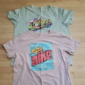 Nike Graphic Tees in Pink and Green, Short Sleeve, size large